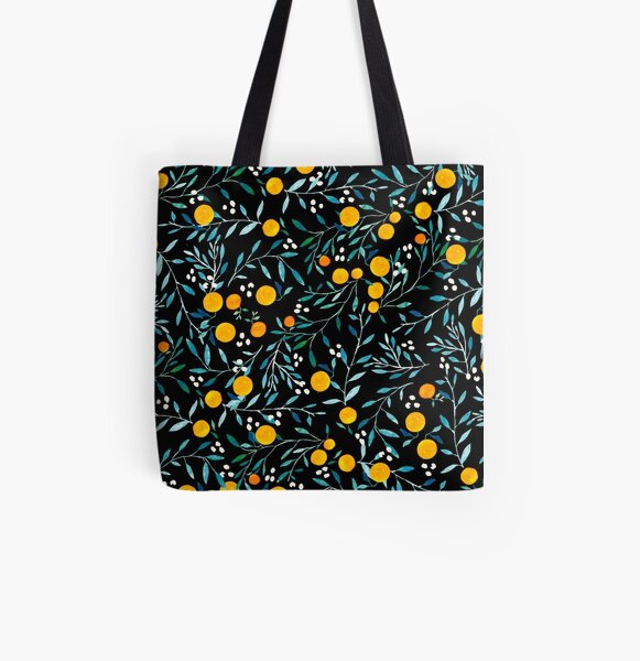 Oranges on Black All Over Print Tote Bag
