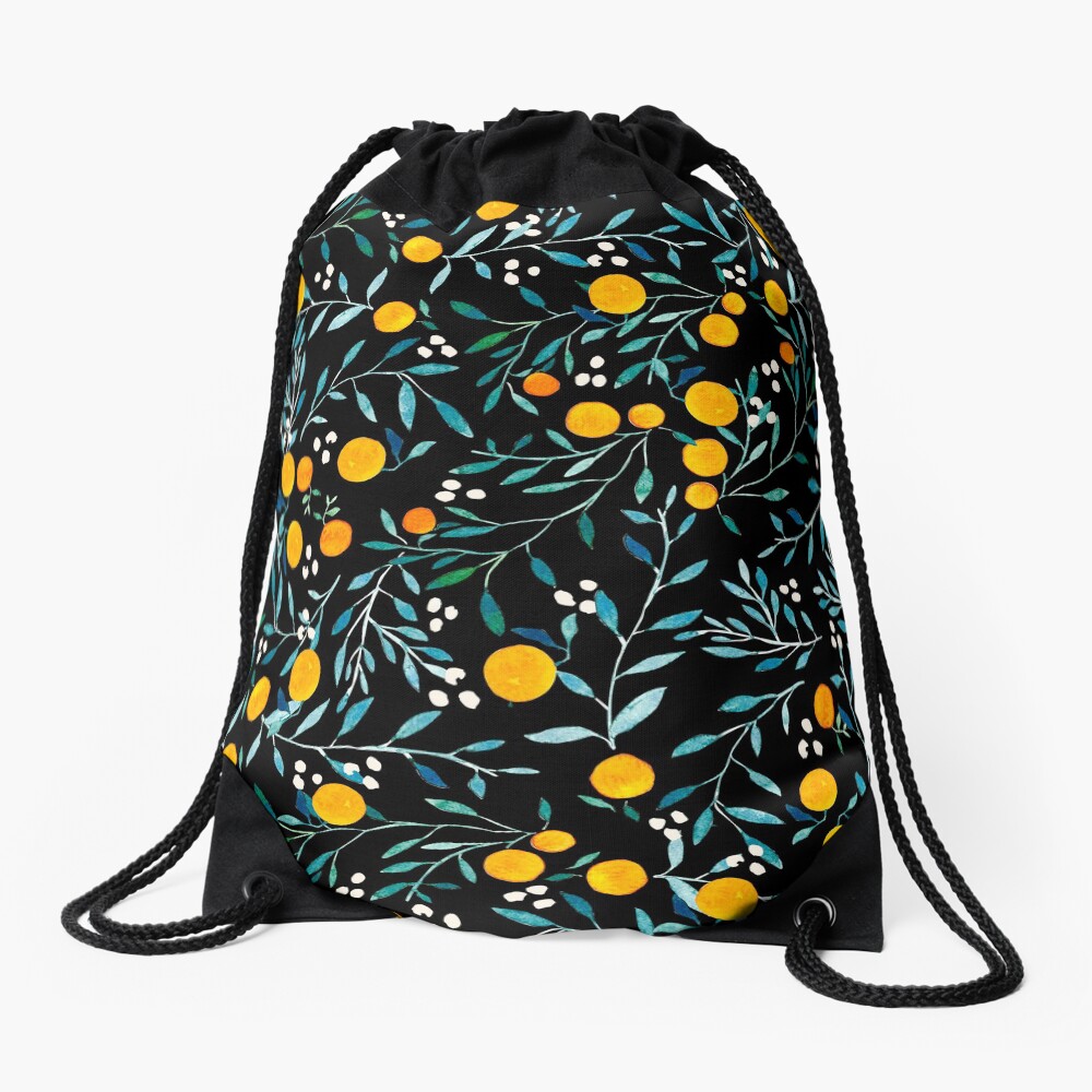 Oranges on Black Drawstring Bag
