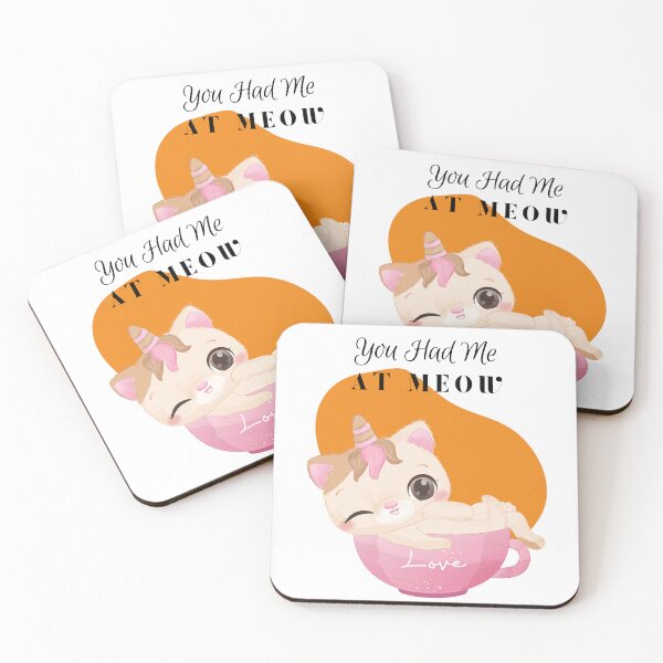 Item preview, You Had Me at Meow - Pink unicat cartoon in a cup - unicorn - cat - orange abstract background - unicat - cartoon aesthetic - Adorable designed and sold by Mechanical-Artt.