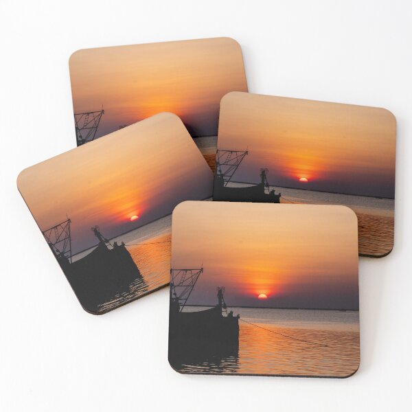 Item preview, orange sky sunset sea silhouette black boat moored designed and sold by DestinyComplex.
