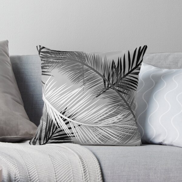 Palm Leaf Print, Gray, Black and White Throw Pillow