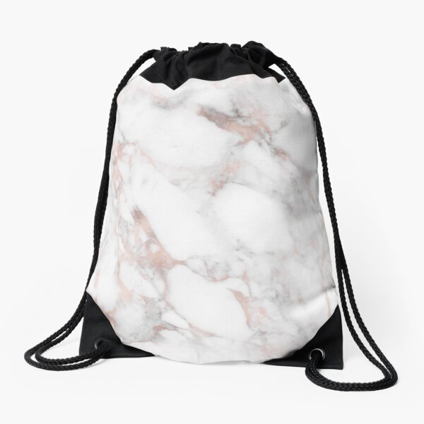 Rose Gold Marble White Drawstring Bag