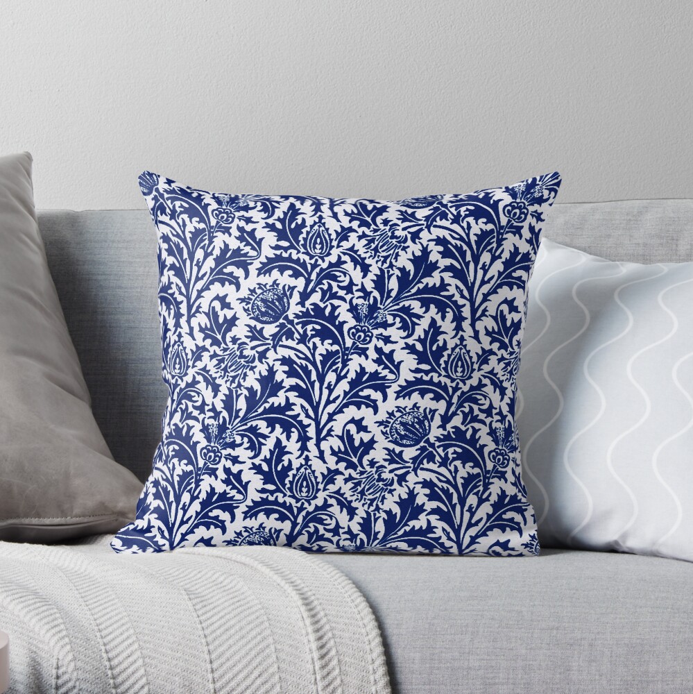 William Morris Thistle Damask, Navy Blue and White Throw Pillow