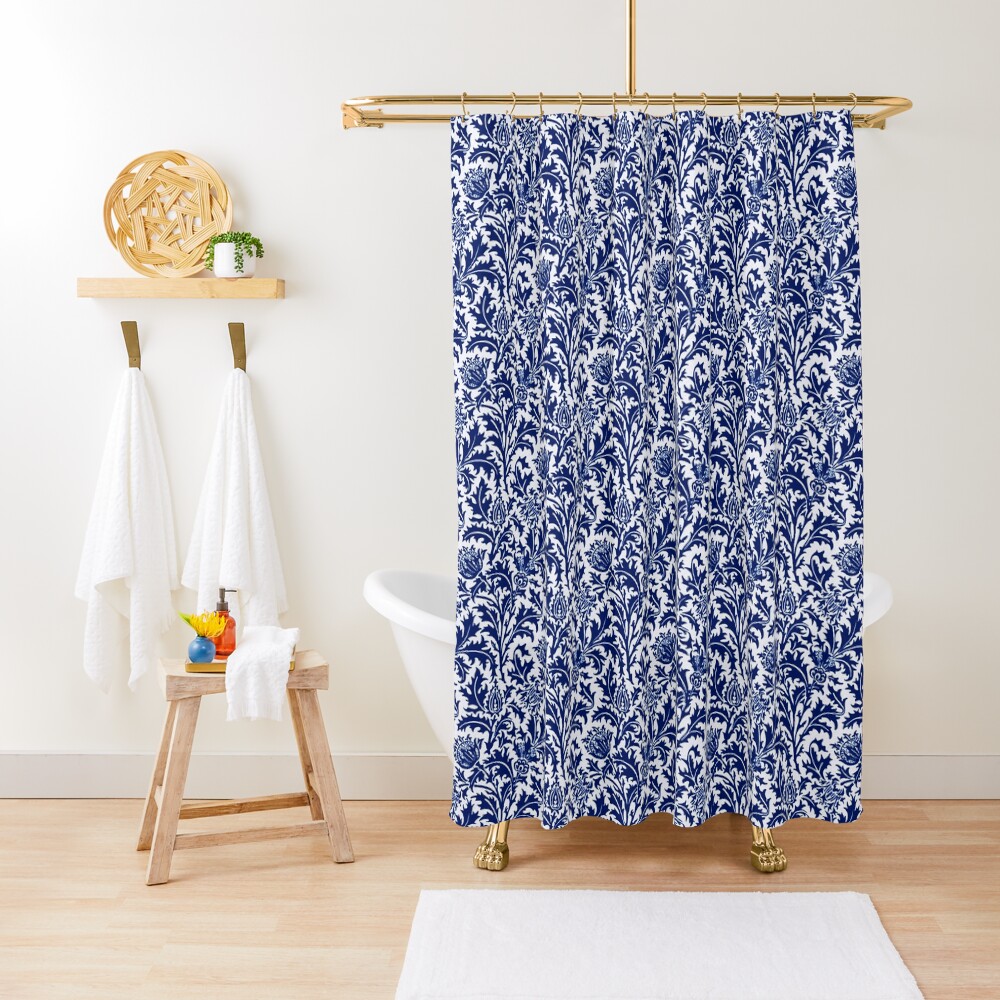 "William Morris Thistle Damask, Cobalt Blue and White " Shower Curtain