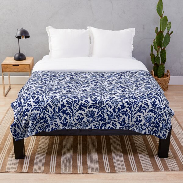 William Morris Thistle Damask, Cobalt Blue and White Throw Blanket