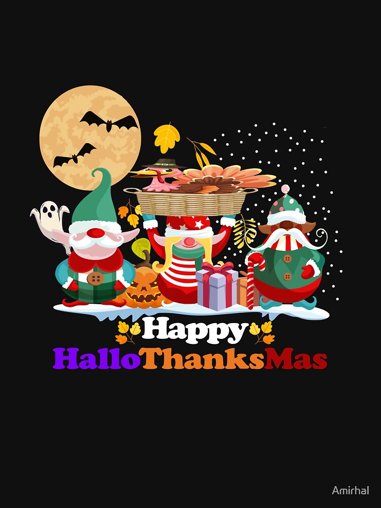 Disover Halloween Thanksgiving Christmas Happy HalloThanksMas Gnomes T-Shirt