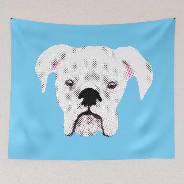 Item preview, WHITE BOXER DOG PUPPY HALFTONE SKY BLUE designed and sold by GIVENGRACE.ART.