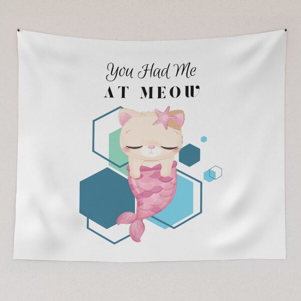 Item preview, You Had Me at Meow - Pink sleepy meowmaid cartoon - cat - mermaid - blue geometric background - cartoon aesthetic - Adorable designed and sold by Mechanical-Artt.