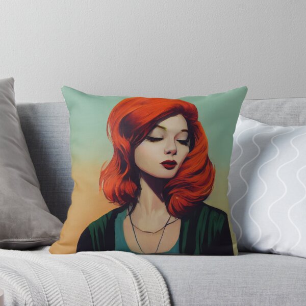 Red Hair Mystery Woman Throw Pillow