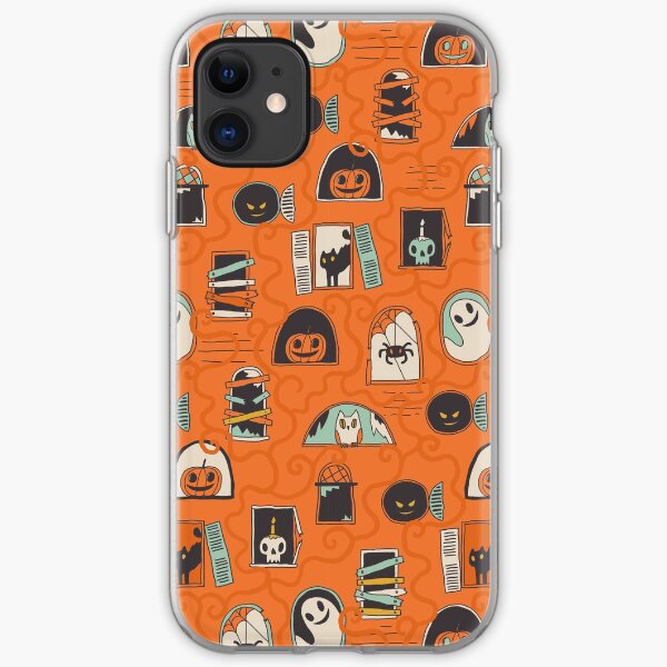 Halloween windows with ghost, black cat, spider, pumpkin iPhone Soft Case