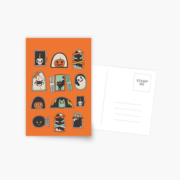 Halloween windows with ghost, black cat, spider, pumpkin Postcard