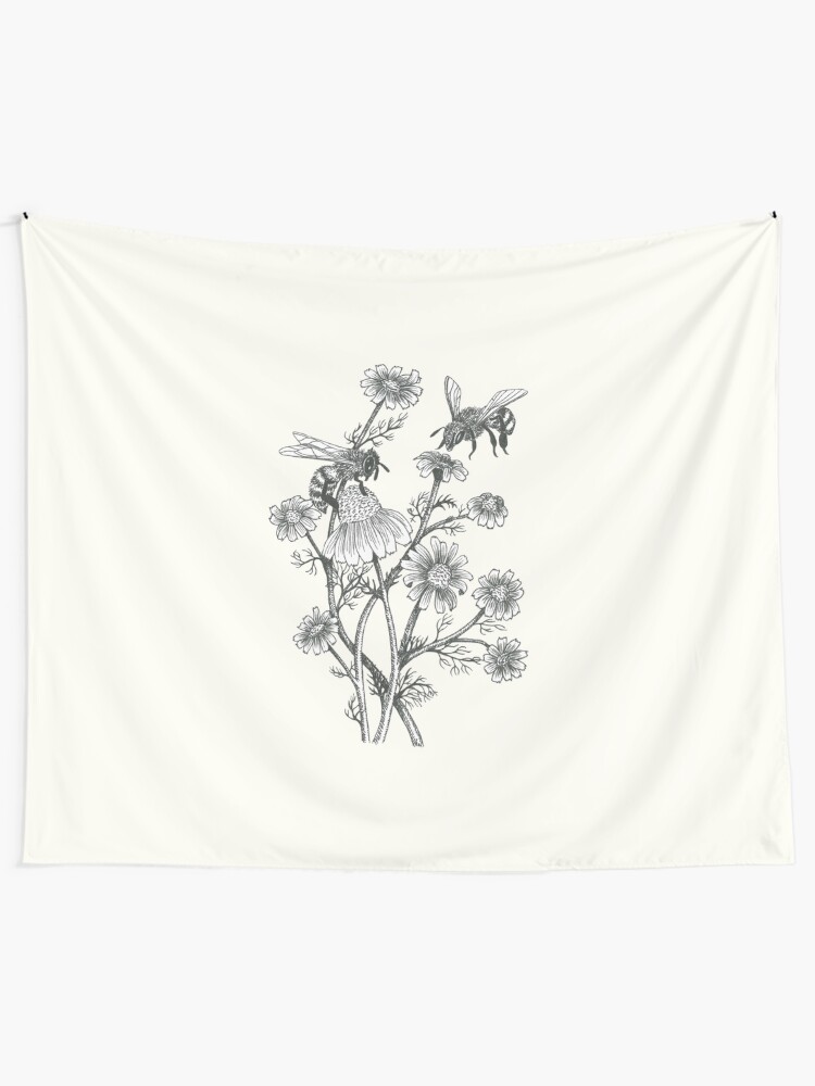 Alternate view of bees and chamomile on offwhite background Tapestry