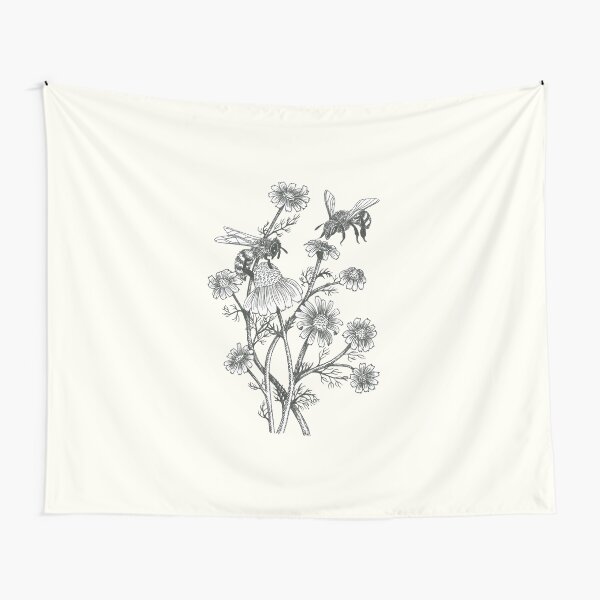 bees and chamomile on offwhite background Tapestry