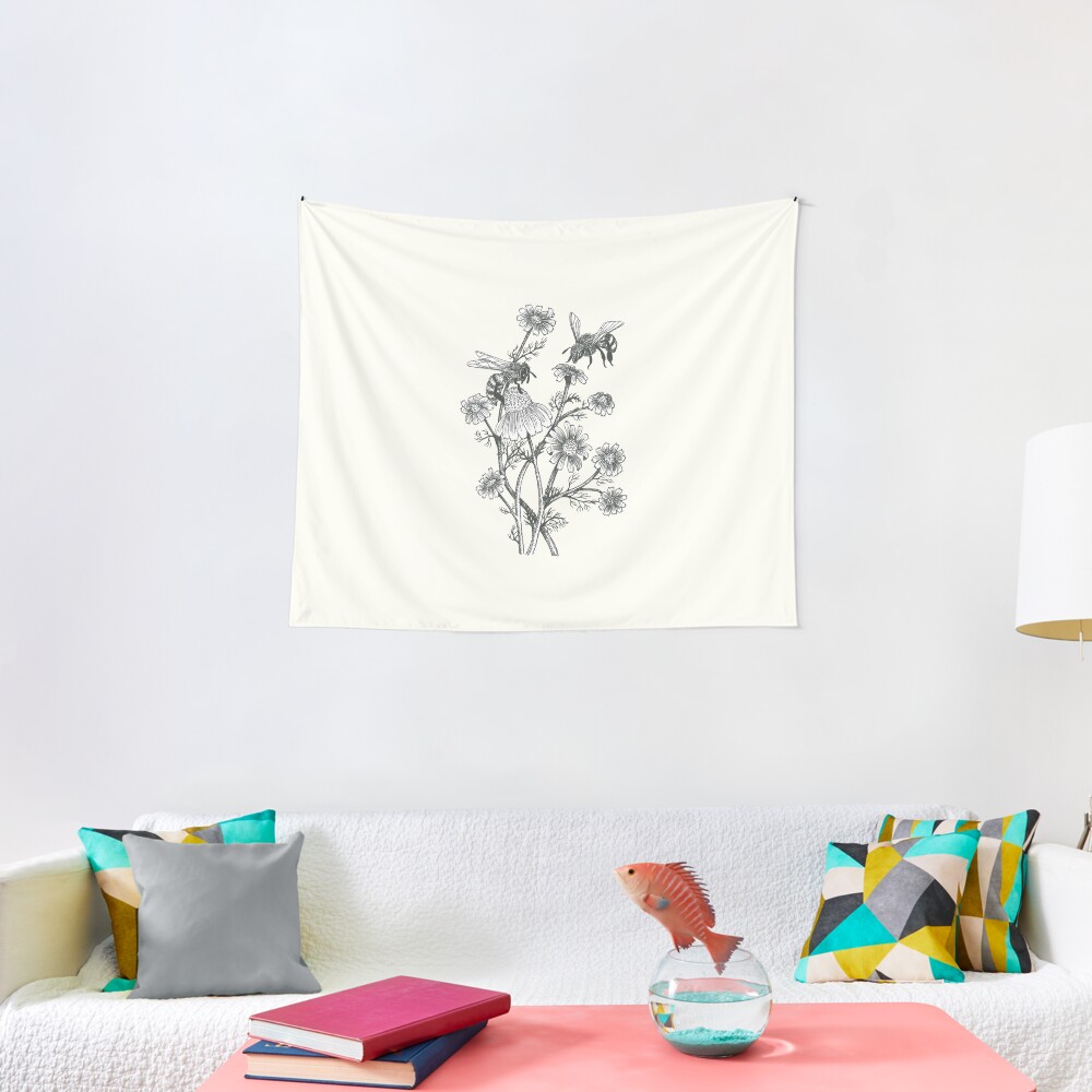 bees and chamomile on offwhite background Tapestry
