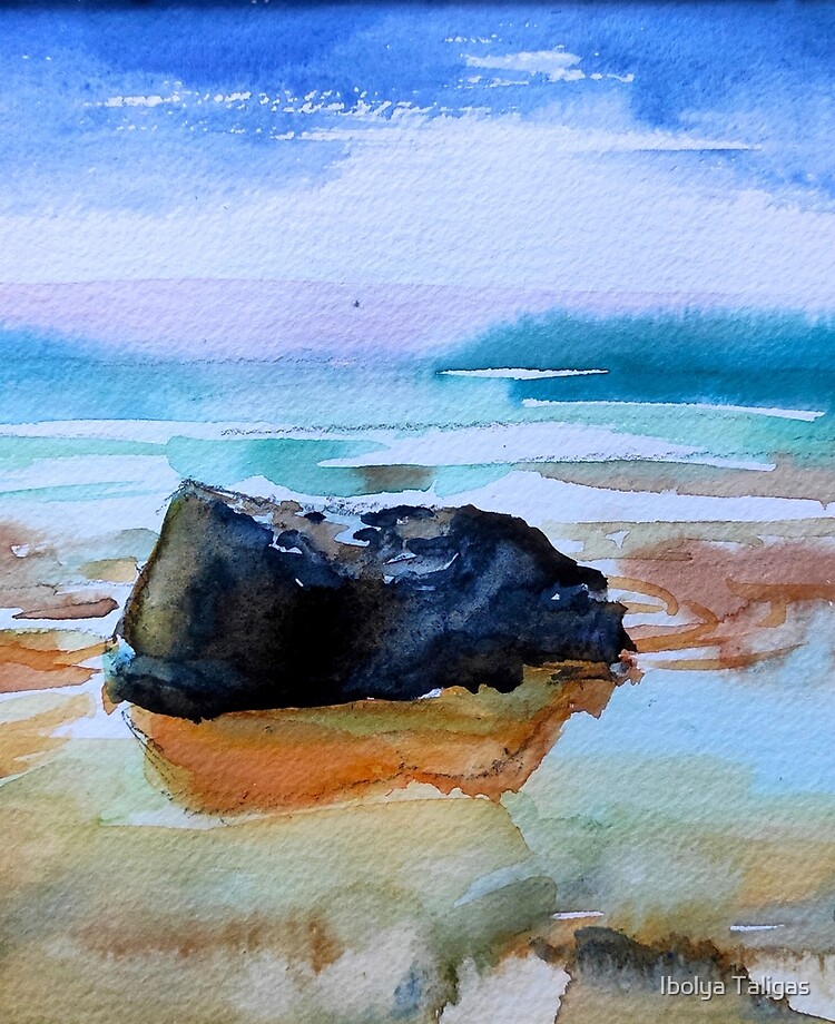 Rocks, river rocks, ocean rocks, beach, wet, sand, original, painting,  watercolor, blue, pink Art Print
