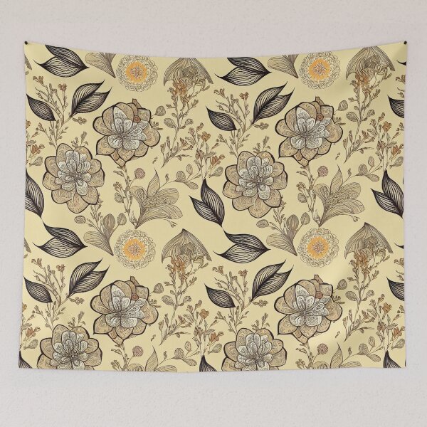 Item preview, Illustrated Brown Flowers on Pale Yellow  designed and sold by VintageFlorals.