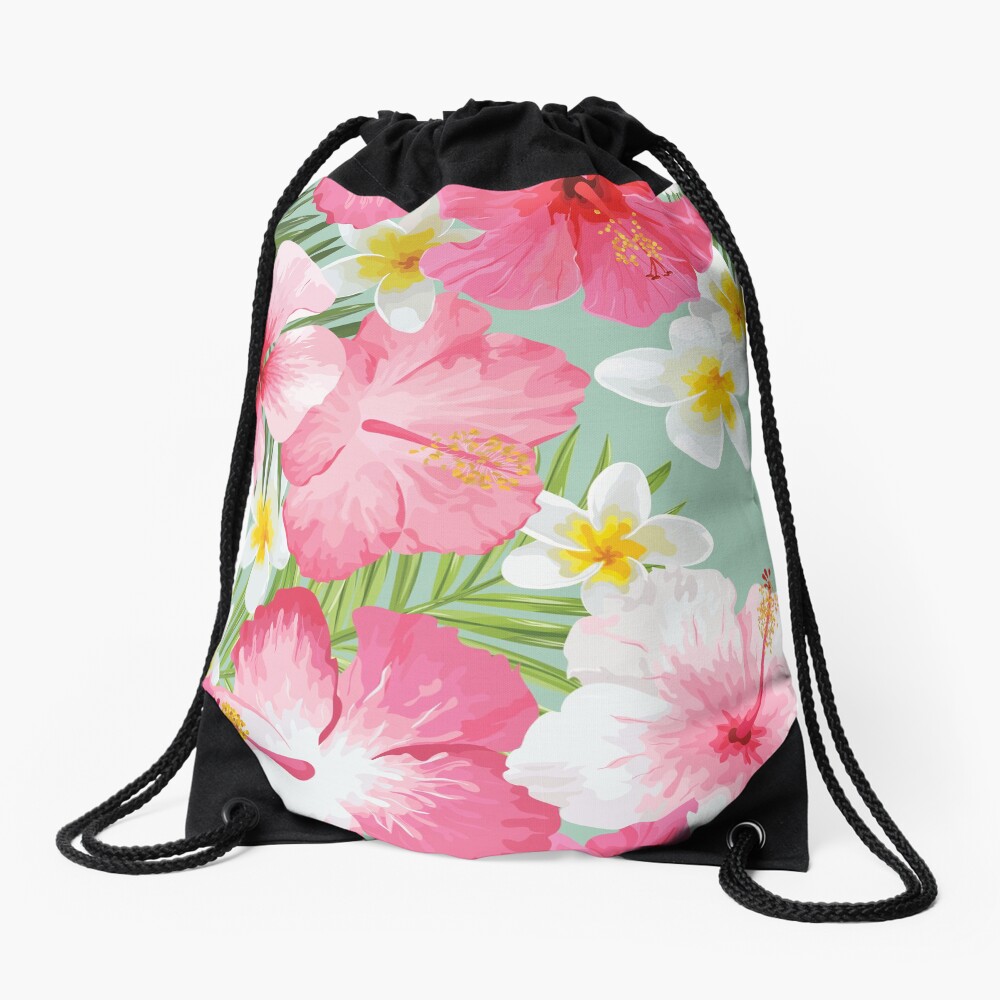Tropical Hibiscus and Plumeria Flowers Drawstring Bag