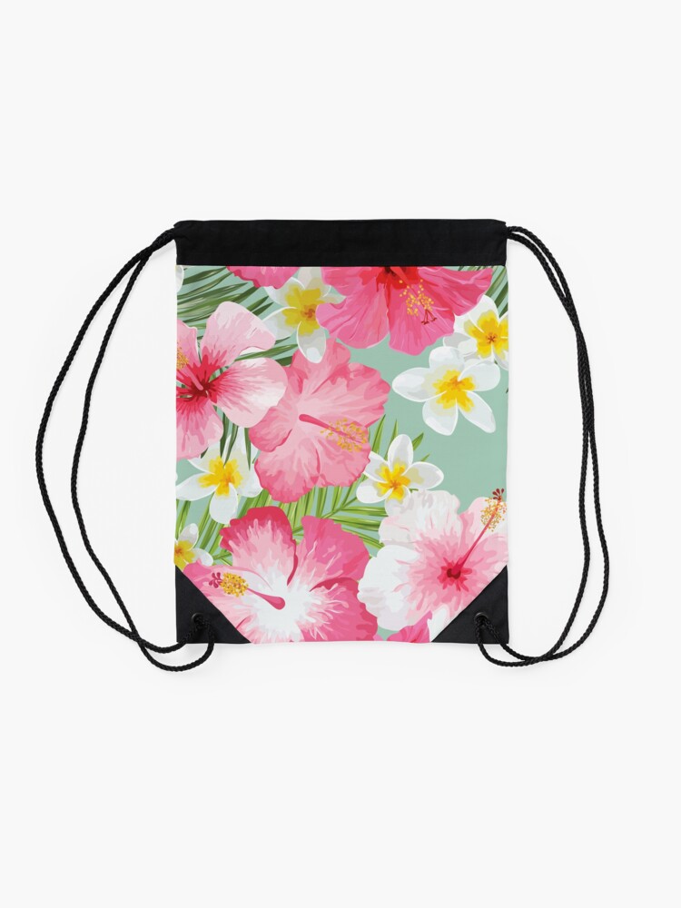 Alternate view of Tropical Hibiscus and Plumeria Flowers Drawstring Bag