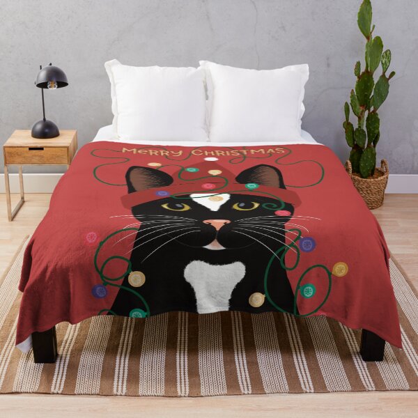 Item preview, The cute and alert black and white tuxedo cat is wishing you a Merry Christmas , colorful Christmas lights designed and sold by marina63.