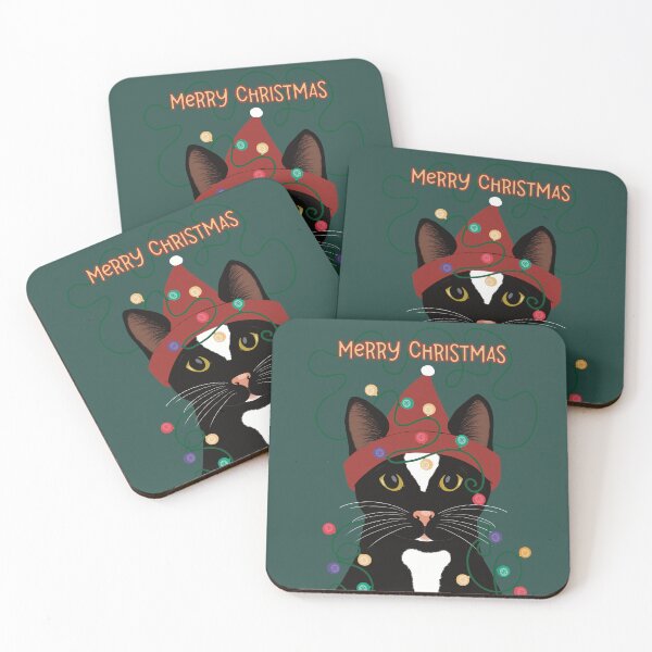 Item preview, The cute and alert black and white tuxedo cat is wishing you a Merry Christmas  , colorful  Christmas lights designed and sold by marina63.