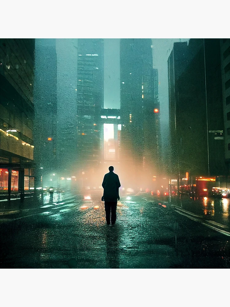 Man needlessly standing on roof overlooking cyberpunk city posing