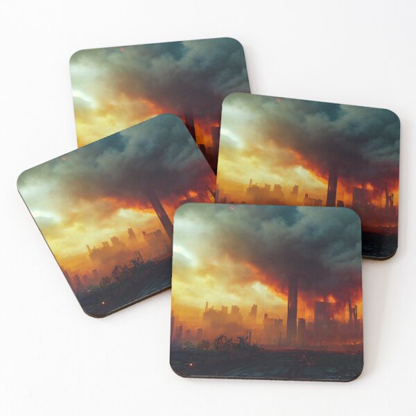 Item preview, City on fire future cyberpunk dystopia sci-fi burning disaster smoke clouds volcano smog skyline industrial pollution global warming designed and sold by stevenxcheung.