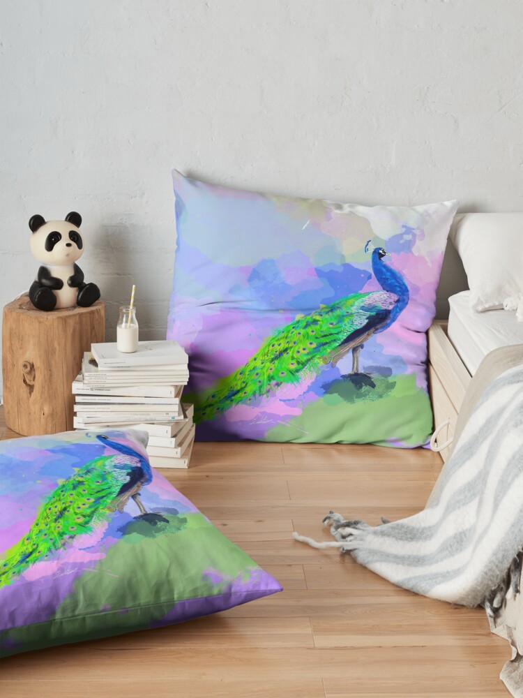 Alternate view of Peacock Dream - peacock painting, animal illustration, colorful Floor Pillow
