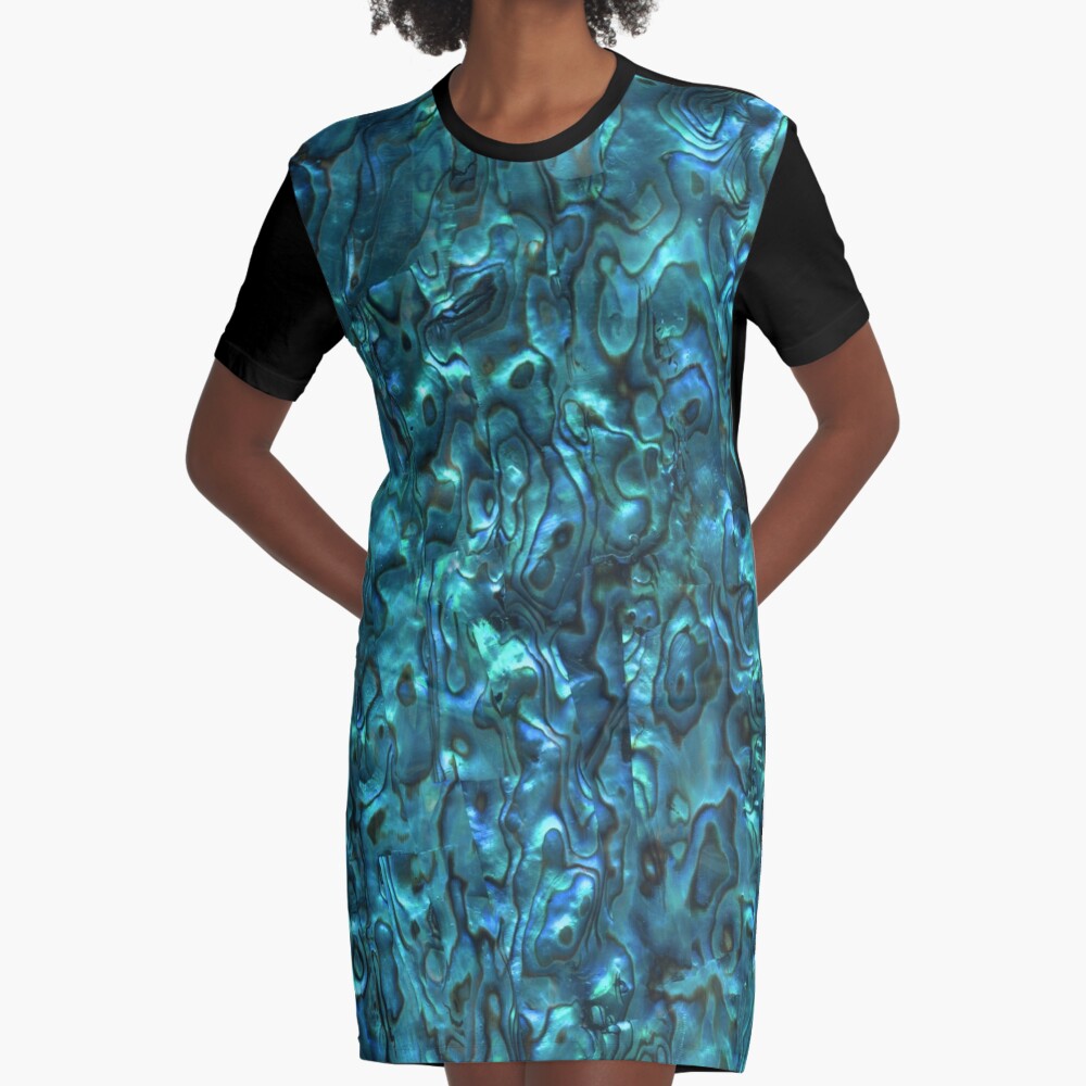 Abalone Shell | Paua Shell | Seashell Patterns | Sea Shells | Cyan Blue Tint | Graphic T-Shirt Dress