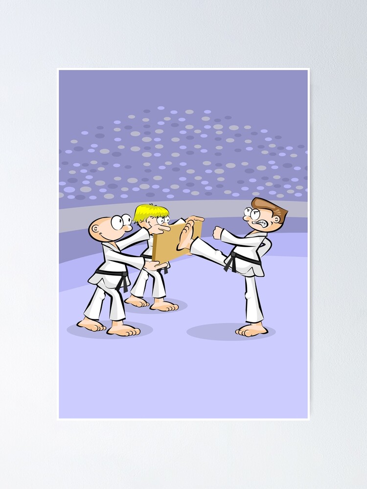 "Karate boy breaking a board with his foot" Poster for Sale by