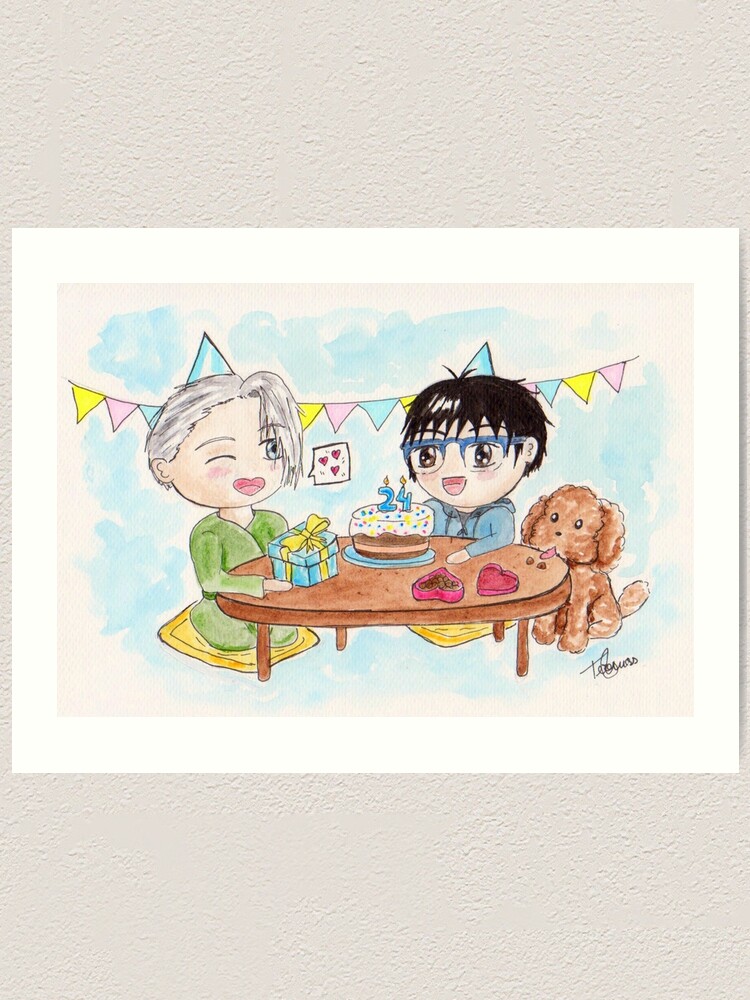 Impression Artistique L Anniversaire De Yuri Et Victor Et Makkachin Yuri On Ice Par Teresartwork Redbubble