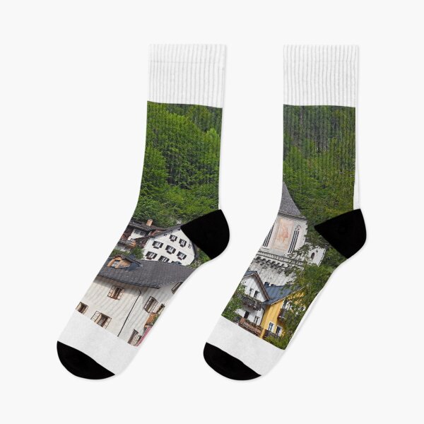 Item preview, Old houses and church in Hallstatt village Austria designed and sold by goceris.