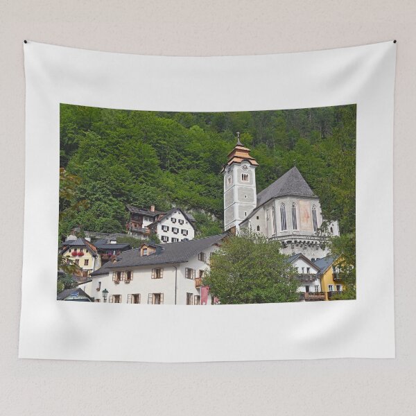 Item preview, Old houses and church in Hallstatt village Austria designed and sold by goceris.