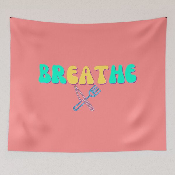 Item preview, Breathe. Eat. Retro vintage utencils fork knife food healthy funny neon designed and sold by marie-inks.