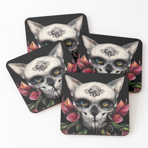 Item preview, cat skull with snakes and flowers tattoo art style designed and sold by WeirdStation.