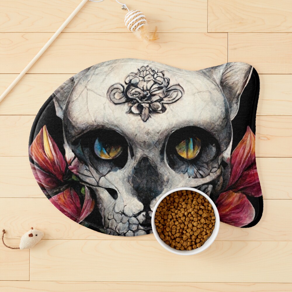 cat skull with snakes and flowers tattoo art style