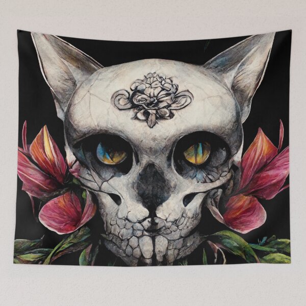 Item preview, cat skull with snakes and flowers tattoo art style designed and sold by WeirdStation.