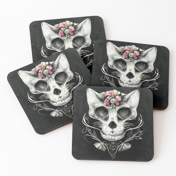 Item preview, Cat skull with snakes and flowers tattoo art style designed and sold by WeirdStation.