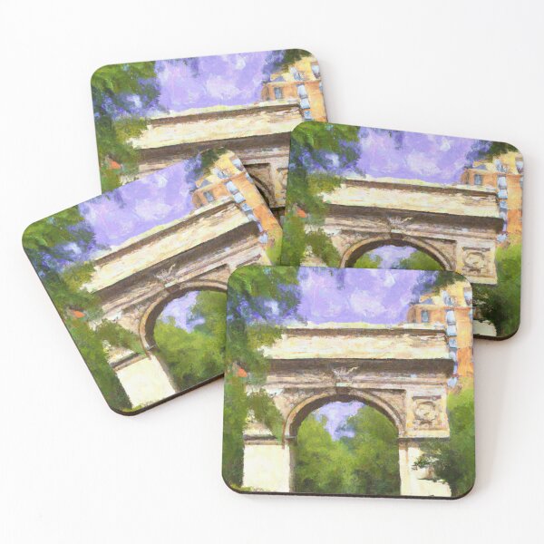 Item preview, a neo-impressionist painting of Central Park with Washingston Square Arch - Sunset Ombre Outdoor Hiking Adventure Nature Watercolor Painting designed and sold by harmoneer.