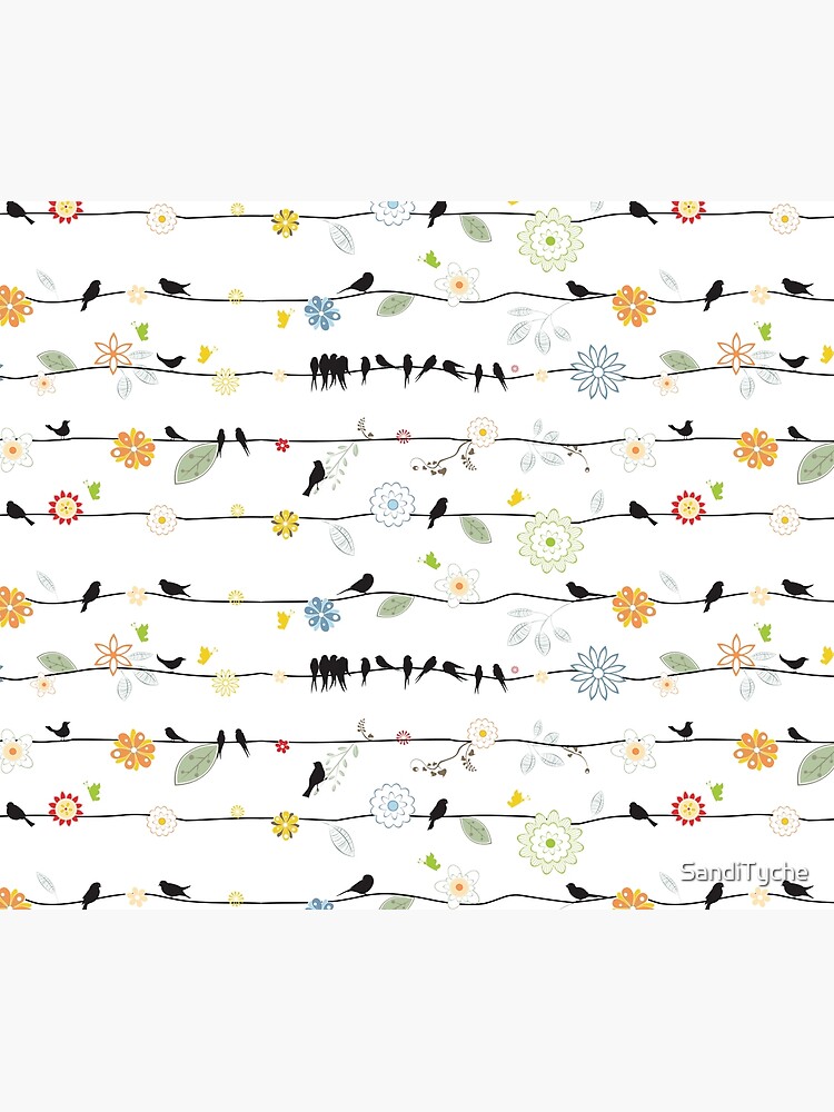 Black Birds On A Wire with Flowers by SandiTyche