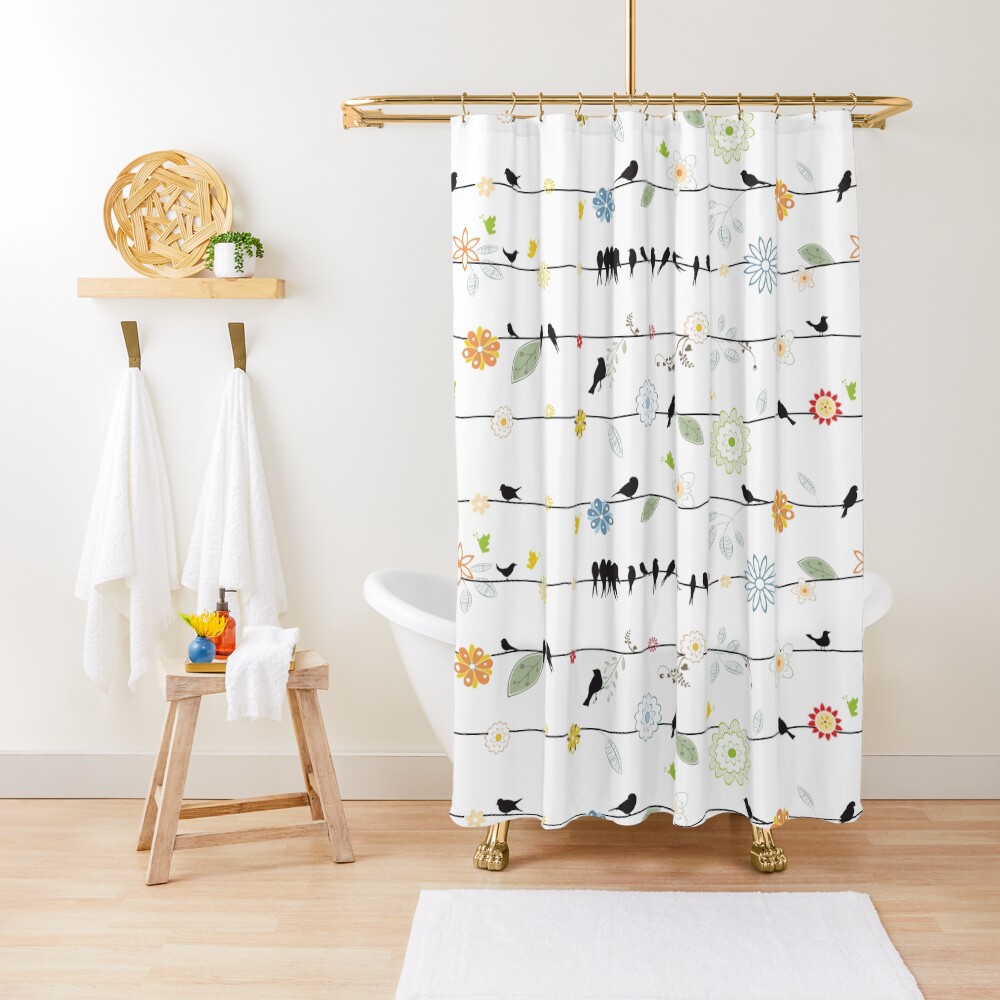 Black Birds On A Wire with Flowers Shower Curtain