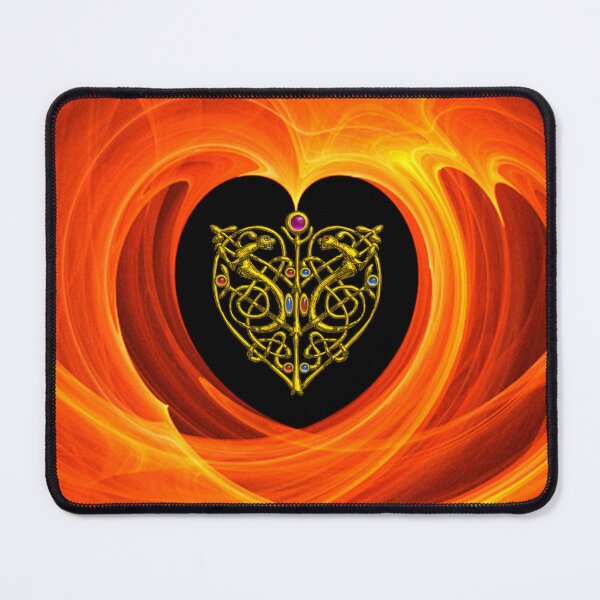 Item preview, GOLD CELTIC KNOT HEART, LIZARDS  IN BLACK ORANGE YELLOW FRACTAL WAVES designed and sold by BulganLumini.