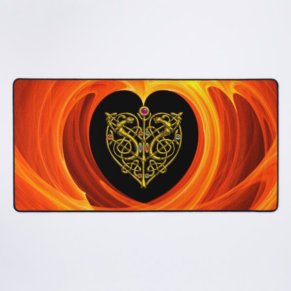 Item preview, GOLD CELTIC KNOT HEART, LIZARDS IN BLACK ORANGE YELLOW FRACTAL WAVES designed and sold by BulganLumini.