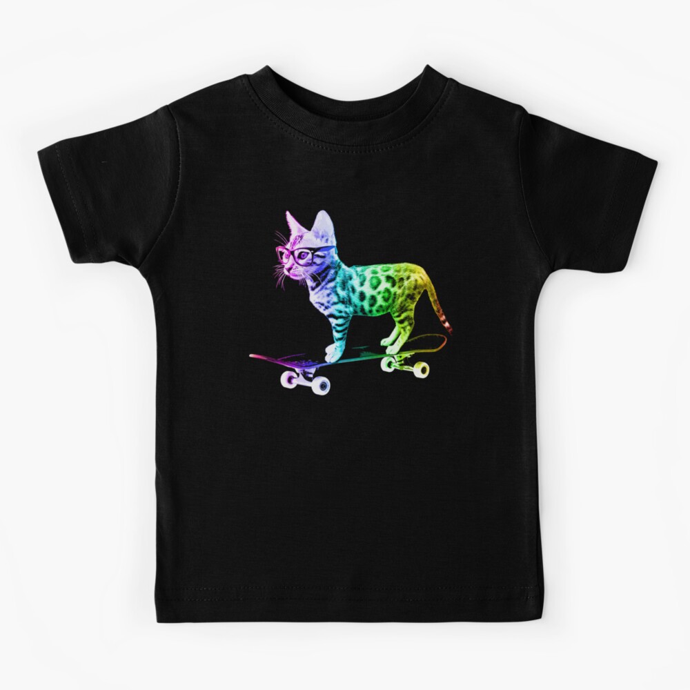 Rainbow Skateboard Cat Kids T-Shirt
