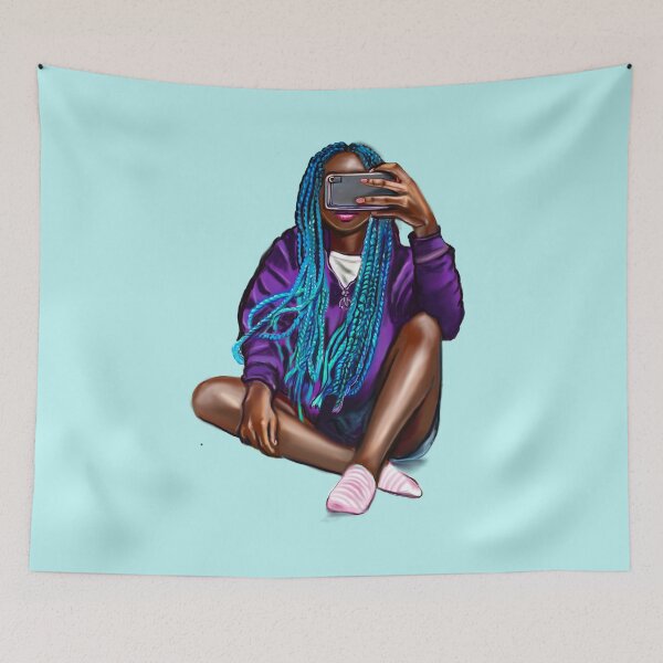 Item preview, Cool edgy girl with hair in blue braids and camera phone- black girl designed and sold by Artonmytee.
