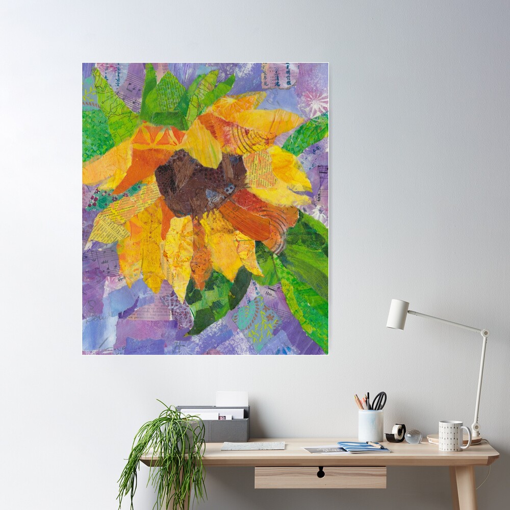 Sunflower paper painting - mixed media collage Poster for Sale by Kitty  van den Heuvel