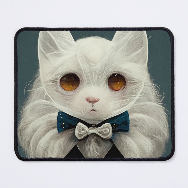 Item preview, White ragdoll cat wearing a tophat and a blue and white bow tie designed and sold by AmazinfArt.