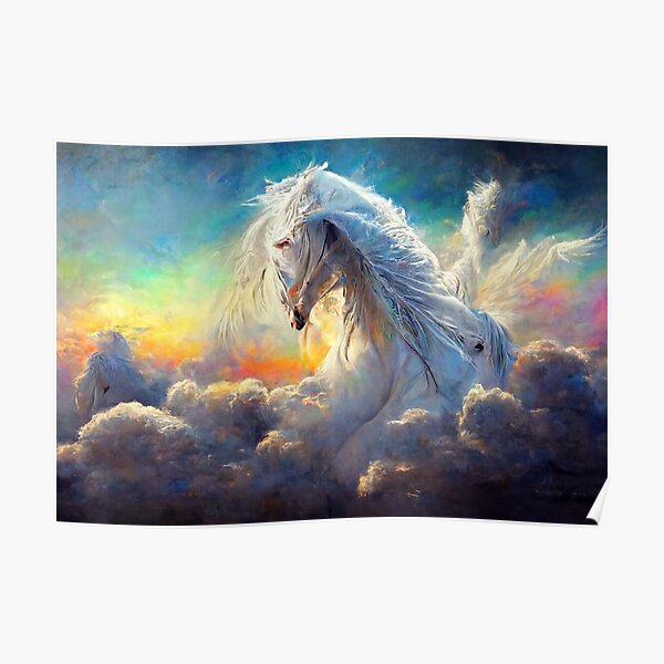 "Abstract White Horse in the Clouds. Mystical Pastel Colors Art" Poster