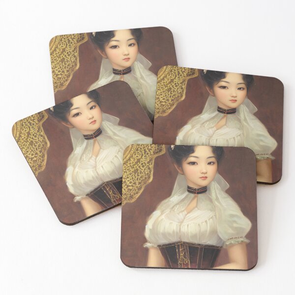 Item preview, Gorgeous Asian woman with short wavy black hair in a red white gold embellished corset | Asian beauty collection designed and sold by Artobot.