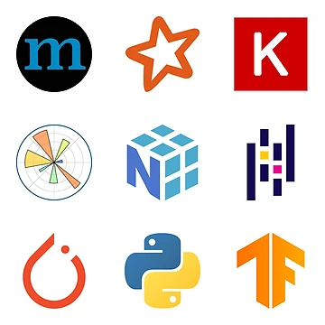 Artwork thumbnail, ★ Apache MXNet, Spark, Keras, Matplotlib, NumPy, Pandas, PyTorch, Python, TensorFlow - 9x Big Data Sticker Combo Pack by Geekvana ⧉