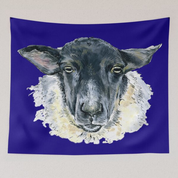 Item preview, Suffolk Sheep. A sketch in acrylic by Jane Green. Blue Background. designed and sold by janesg.
